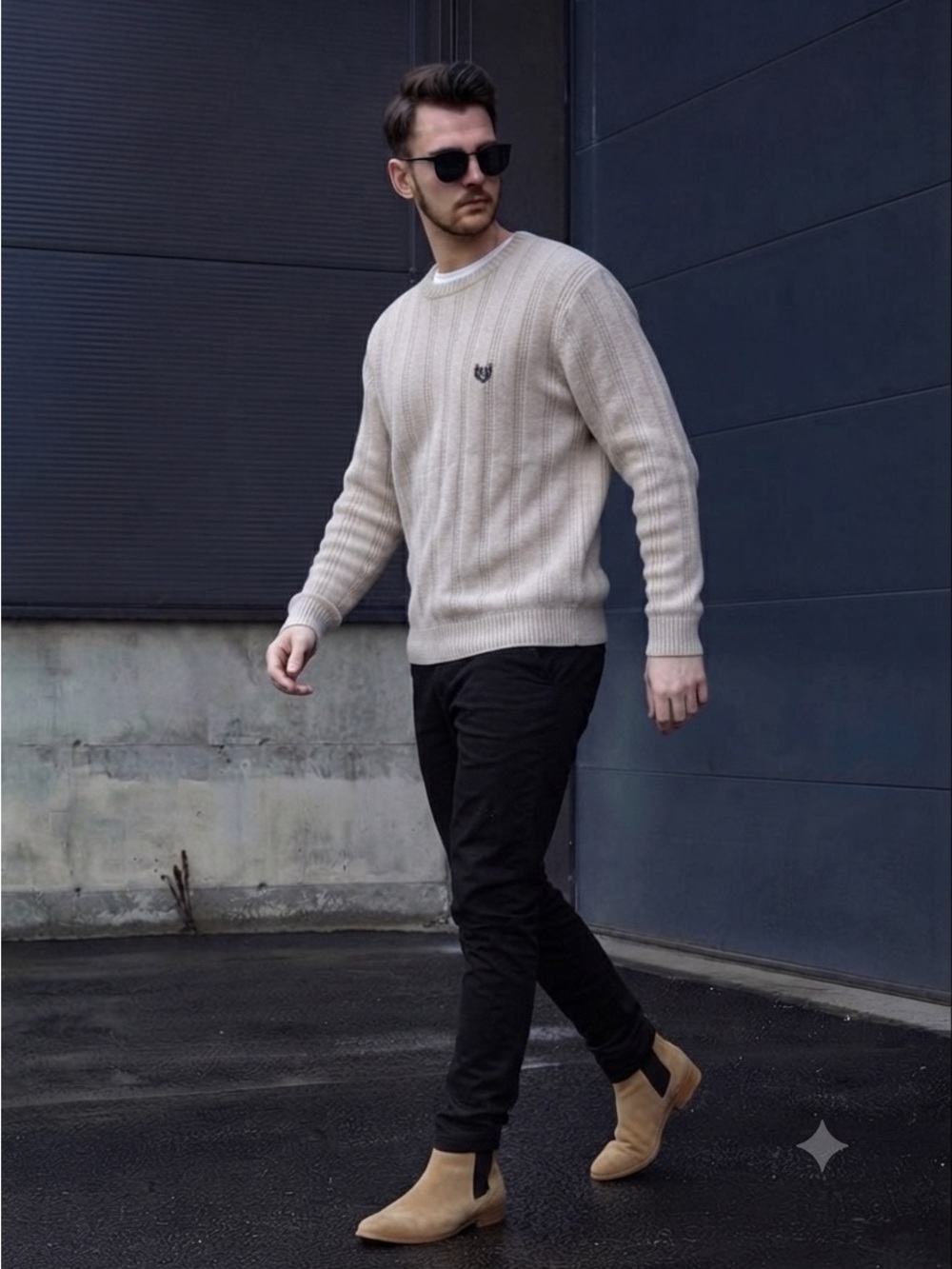 Chaps Cream Ribbed Cotton Crewneck Sweater